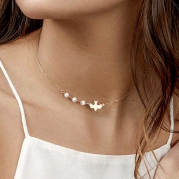 Gold Dainty Dove and Pearl Necklace - Picture 2 of 3